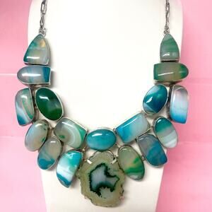 Dyed White Agate Green Tone Sterling Silver Plated Statement Necklace